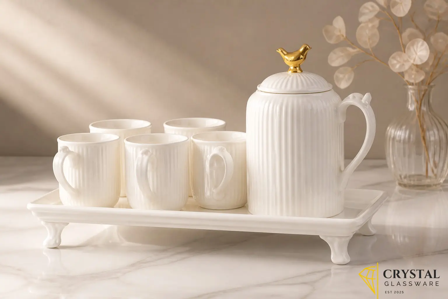 Imported white bone china coffee / Tea set with 6 cups, a teapot, and a tray — Crystal Glassware Pakistan
